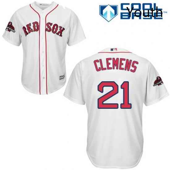 Youth Majestic Boston Red Sox 21 Roger Clemens Authentic White Home Cool Base 2018 World Series Champions MLB Jersey